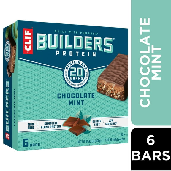 CLIF BUILDERS Protein Bars Chocolate Mint Flavor, Plant Protein, Gluten Free Bars, 6ct