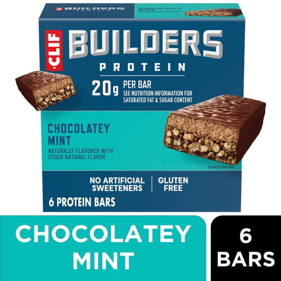 CLIF BUILDERS Protein Bars Chocolate Mint Flavor, Plant Protein, Gluten Free Bars, 6ct