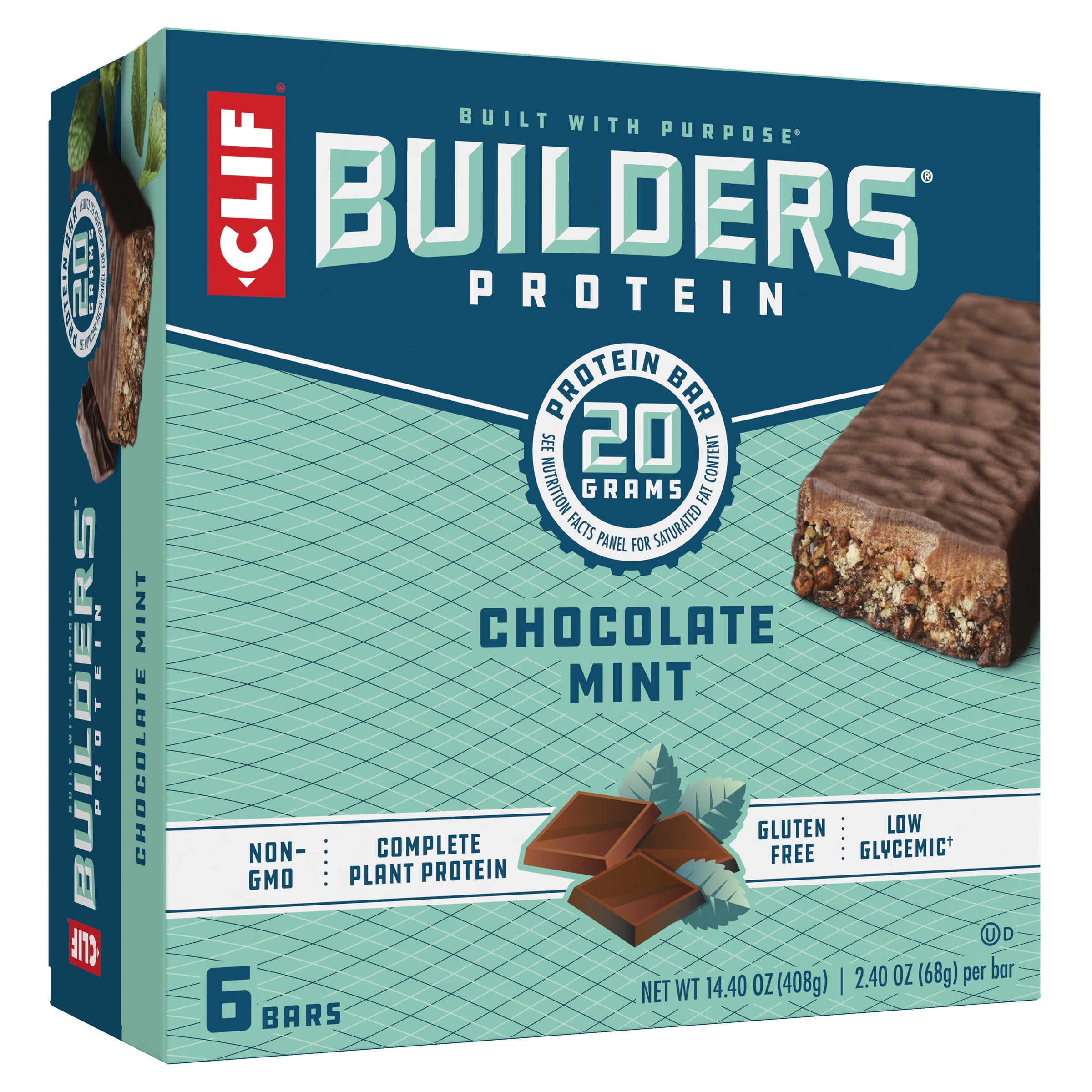 CLIF Builders - Chocolate Mint Flavor - Protein Bars - Gluten-Free - Non-GMO - Low Glycemic - 20g Protein - 2.4 oz. (6 Pack)