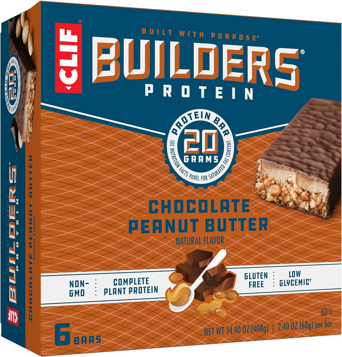 CLIF Builders - Chocolate Peanut Butter Flavor - Plant Based Protein Bars - Gluten Free - Non-GMO - Low Glycemic - 20g Protein - 2.4 oz. (6 Pack)