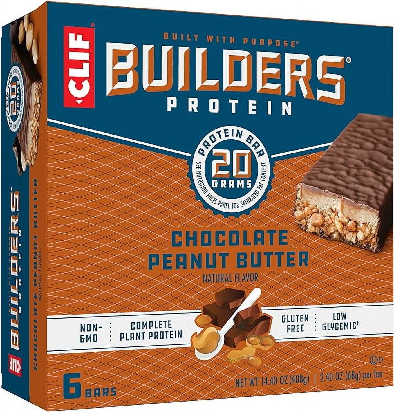 CLIF Builders - Chocolate Peanut Butter Flavor - Plant Based Protein Bars - Gluten Free - Non-GMO - Low Glycemic - 20g Protein - 2.4 oz. (6 Pack)