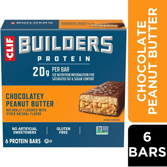 CLIF BUILDERS Protein Bars Chocolatey Peanut Butter Flavor, Plant Protein, Gluten Free Bars, 6ct