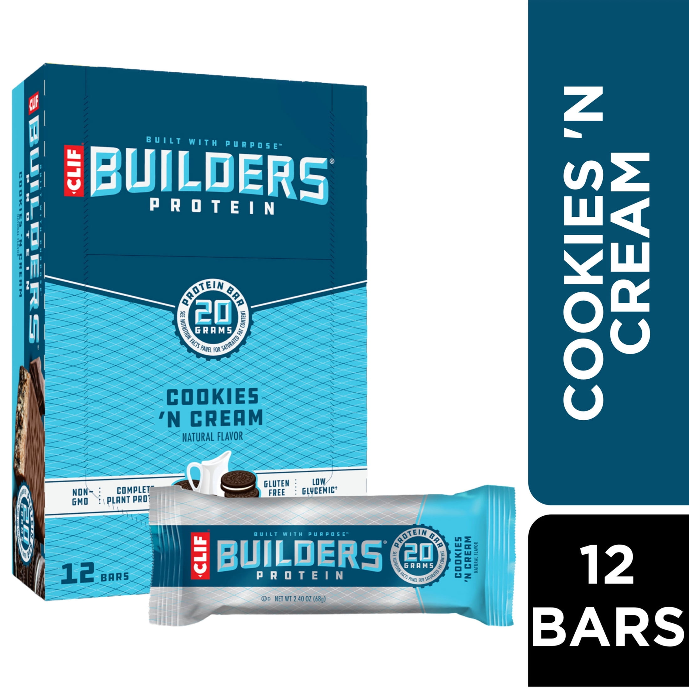 CLIF Builders - Cookies 'n Cream Flavor - Plant Based Protein Bars - Gluten Free - Non-GMO - Low Glycemic - 20g Protein - 2.4 oz. (12 Count)