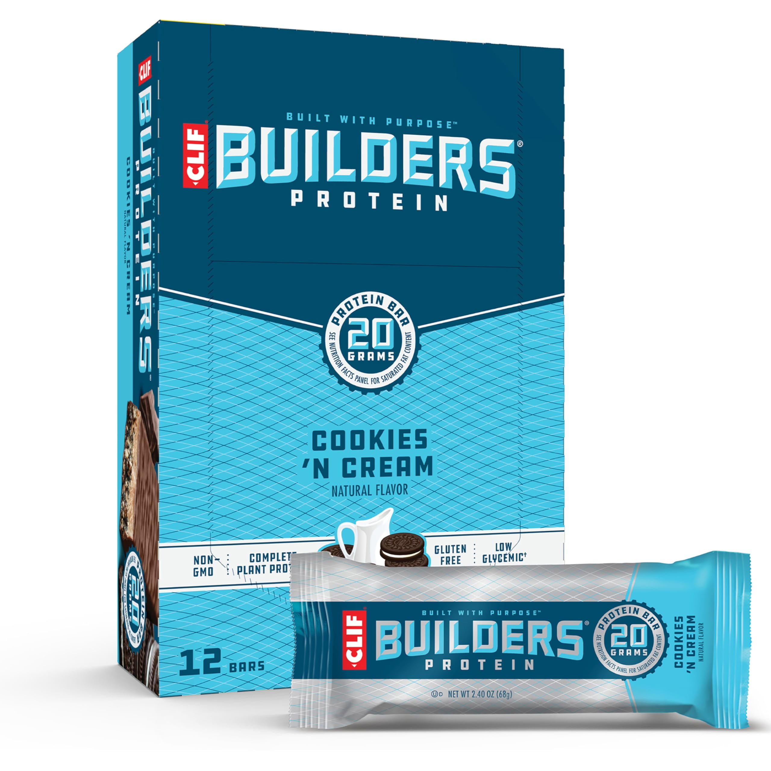CLIF Builders - Cookies 'n Cream Flavor - Plant Based Protein Bars - Gluten Free - Non-GMO - Low Glycemic - 20g Protein - 2.4 oz. (12 Count)RDC14