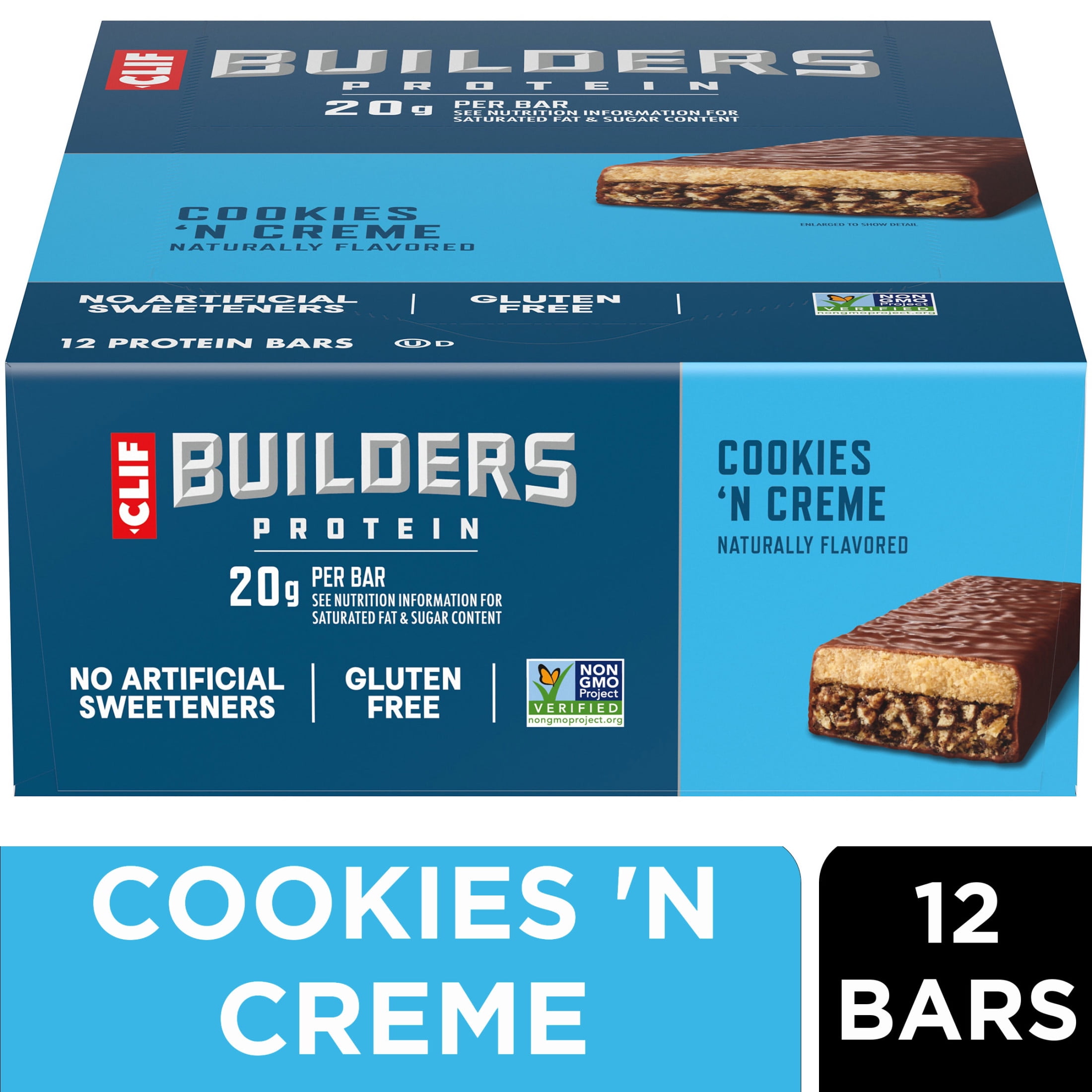 CLIF BUILDERS Protein Bars Cookies 'n Cream Flavor, Plant Protein, Gluten Free Bars, 12ct