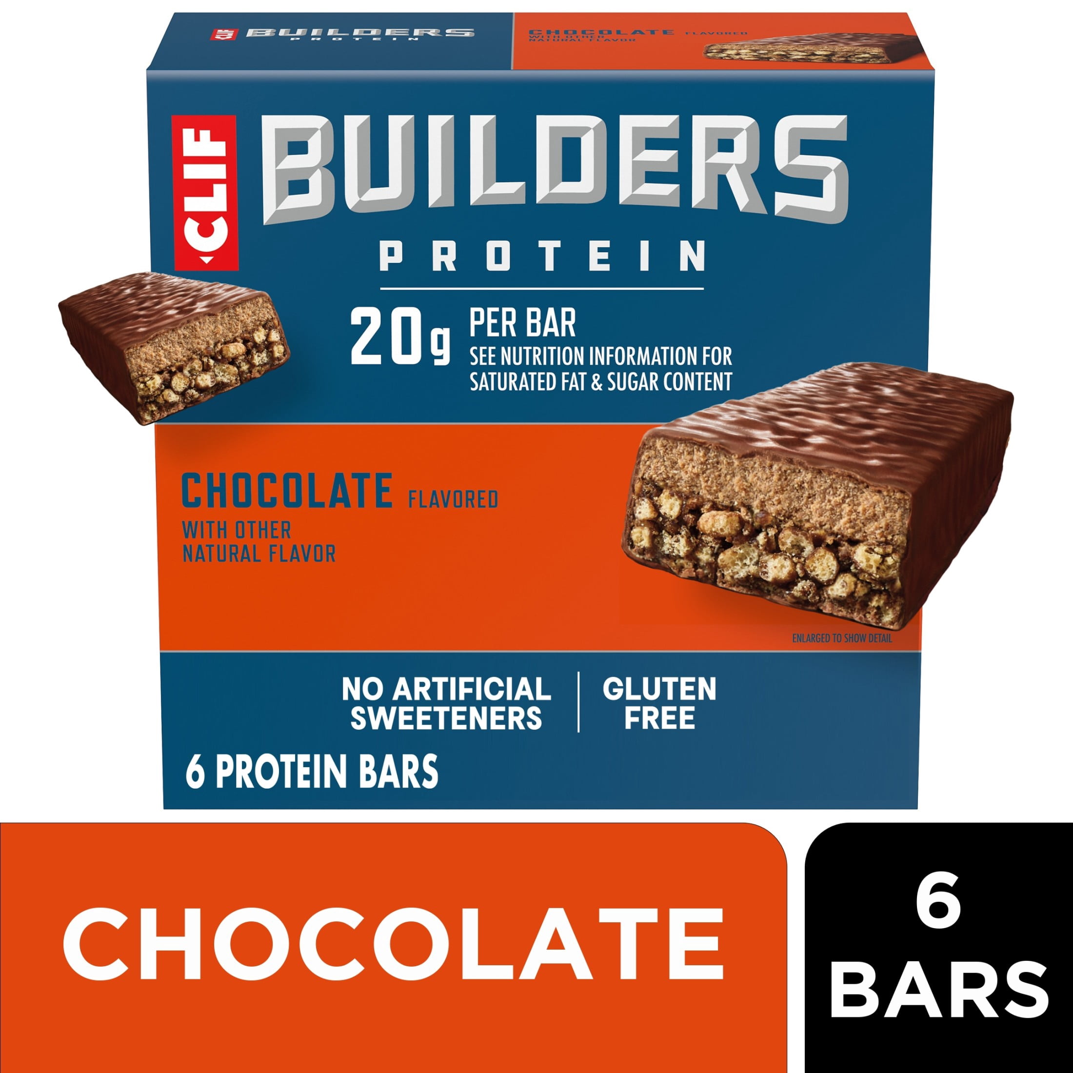 CLIF BUILDERS Protein Bars Chocolate Flavor, Plant Protein, Gluten Free Bars, 6ct