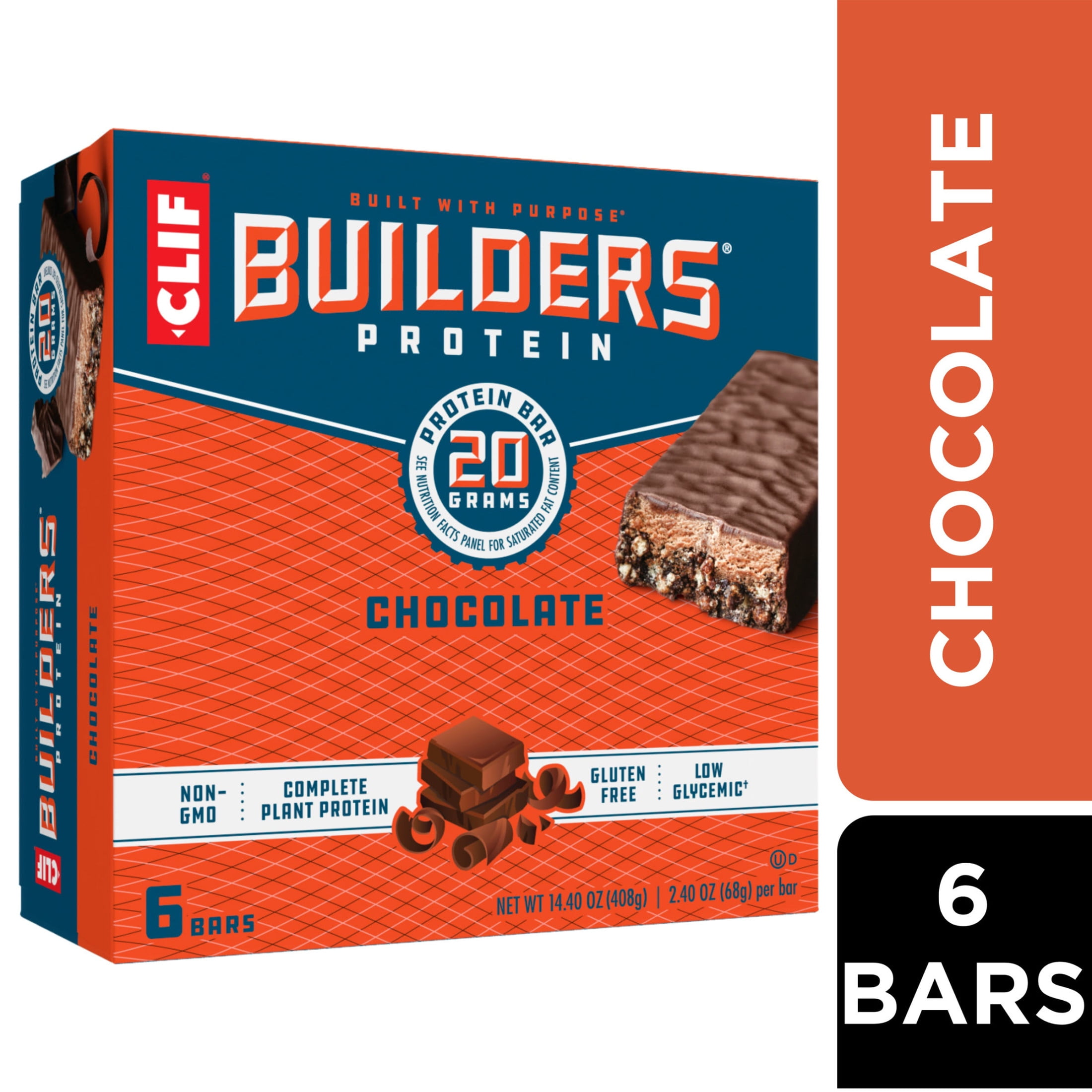 CLIF BUILDERS Protein Bars Chocolate Flavor, Plant Protein, Gluten Free Bars, 6ct