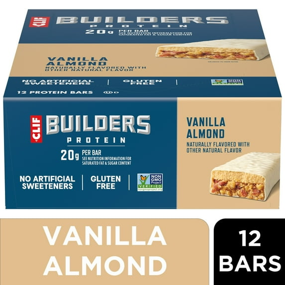 CLIF BUILDERS Protein Bars Vanilla Almond Flavor, Plant Protein, Gluten Free Bars, 12ct