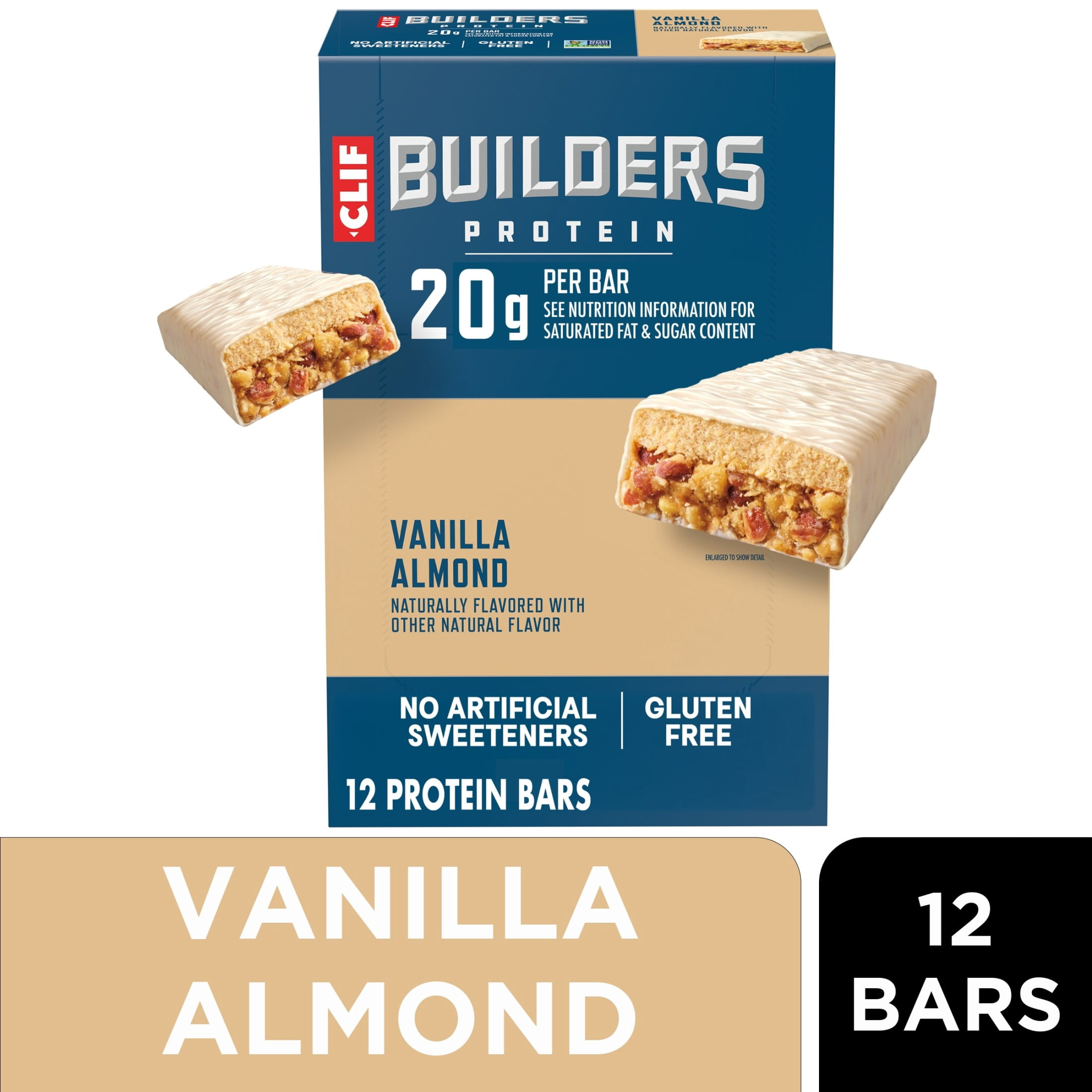 CLIF BUILDERS Protein Bars Vanilla Almond Flavor, Plant Protein, Gluten Free Bars, 12ct