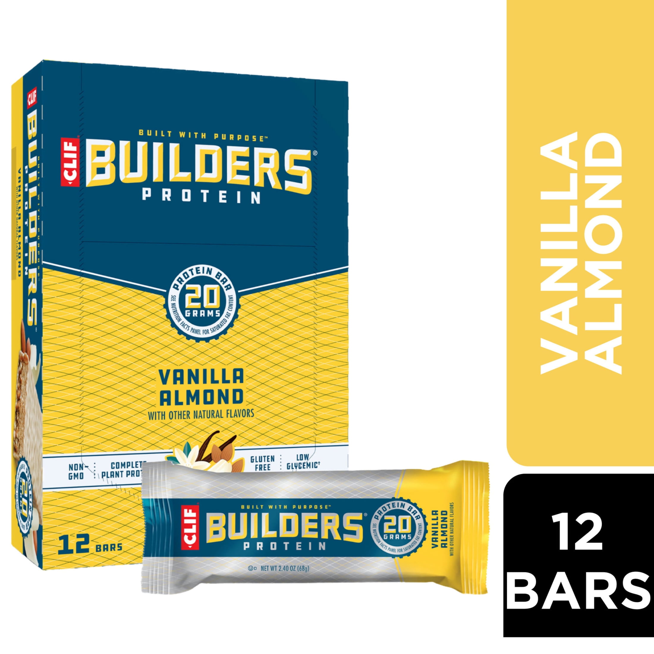 CLIF Builders Protein Bars Vanilla Almond Flavor, Plant Protein, Gluten Free Bars, 12ct