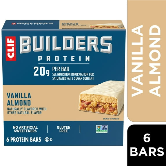 CLIF BUILDERS Protein Bars Vanilla Almond Flavor, Plant Protein, Gluten Free Bars, 6ct