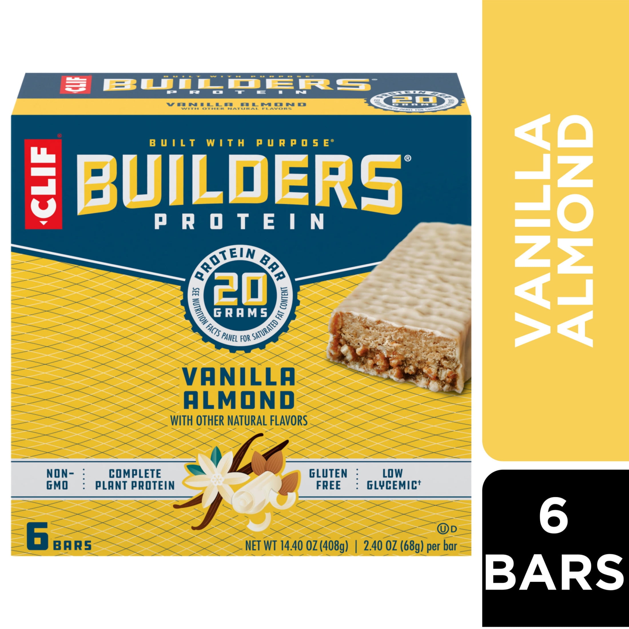 CLIF Builders Protein Bars Vanilla Almond Flavor, Plant Protein, Gluten Free Bars, 6ct