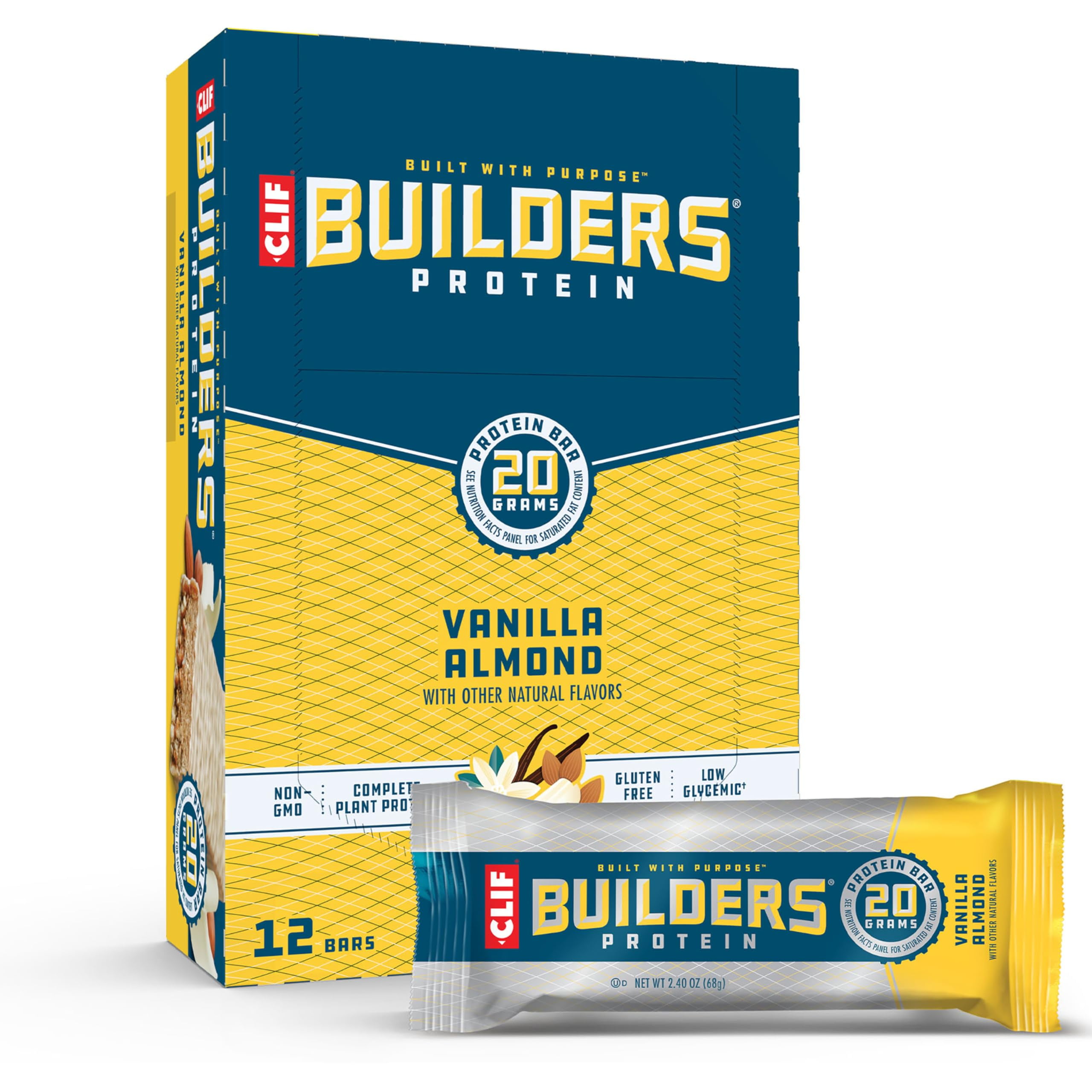 CLIF Builders - Vanilla Almond Flavor - Plant Based Protein Bars - Gluten Free - Non-GMO - Low Glycemic - 20g Protein - 2.4 oz. (12 Count) RED14