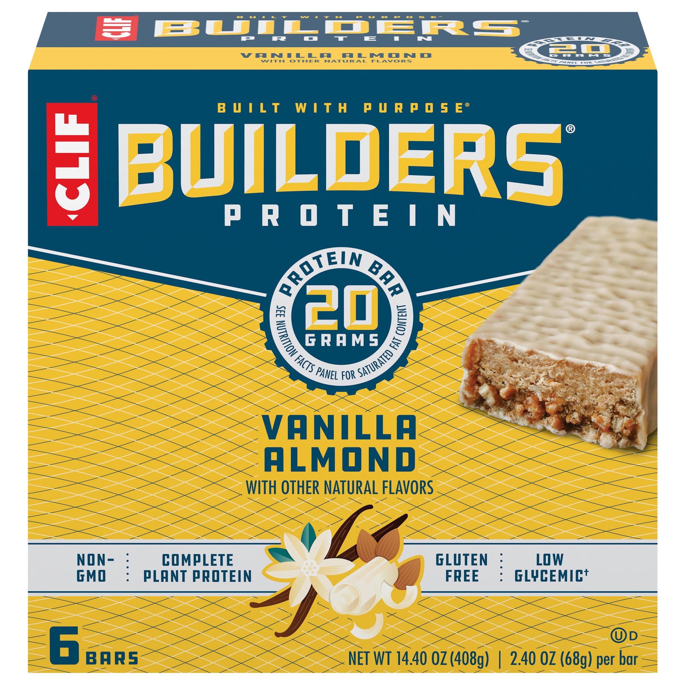 CLIF Builders - Vanilla SE33Almond Flavor - Protein Bars - Gluten-Free - Non-GMO - Low Glycemic - 20g Protein - 2.4 oz. (6 Pack)