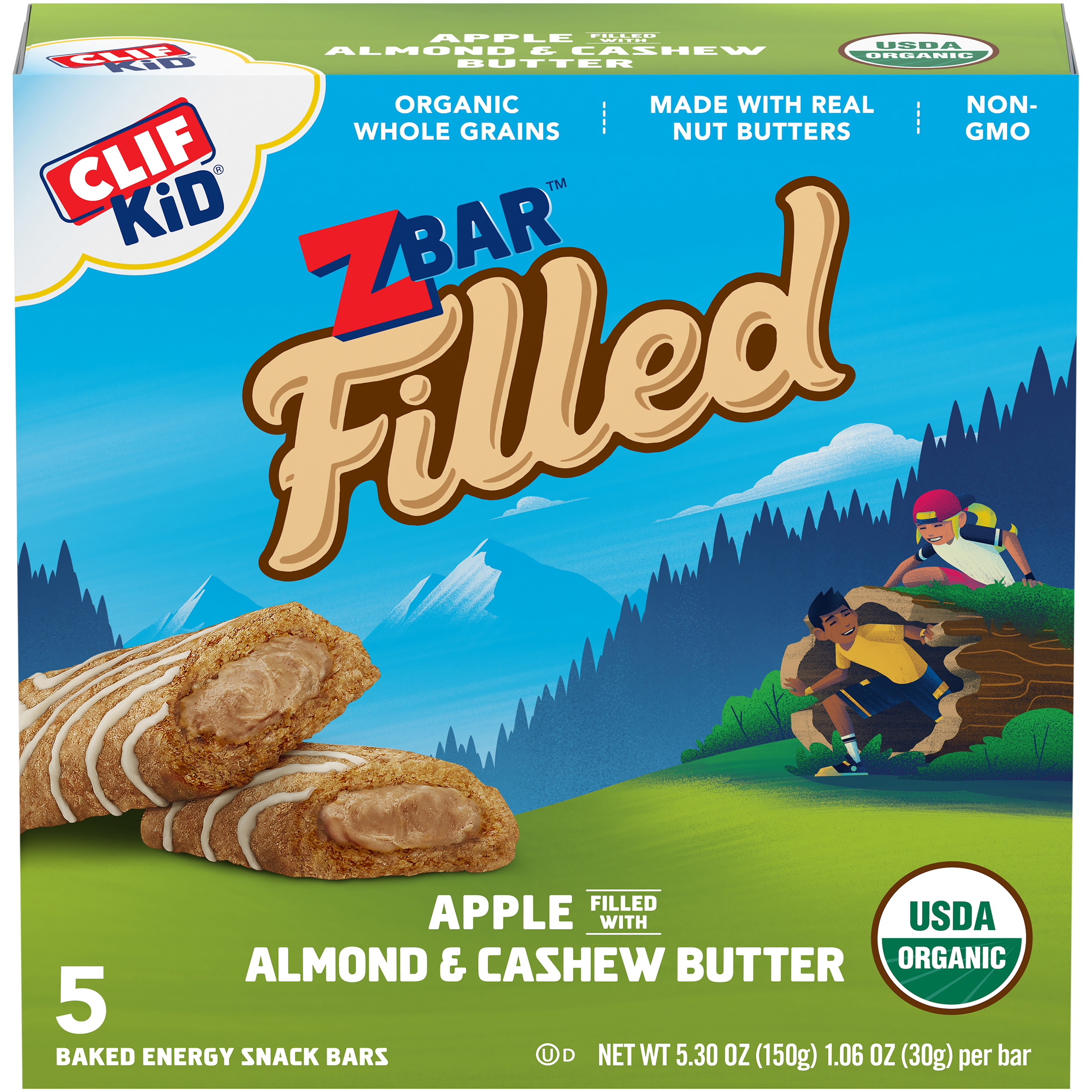 CLIF Kid Zbar Filled Organic Granola Bars, Kids Snacks, Apple with Almond & Cashew Butter, 5 Ct, 1.06 oz