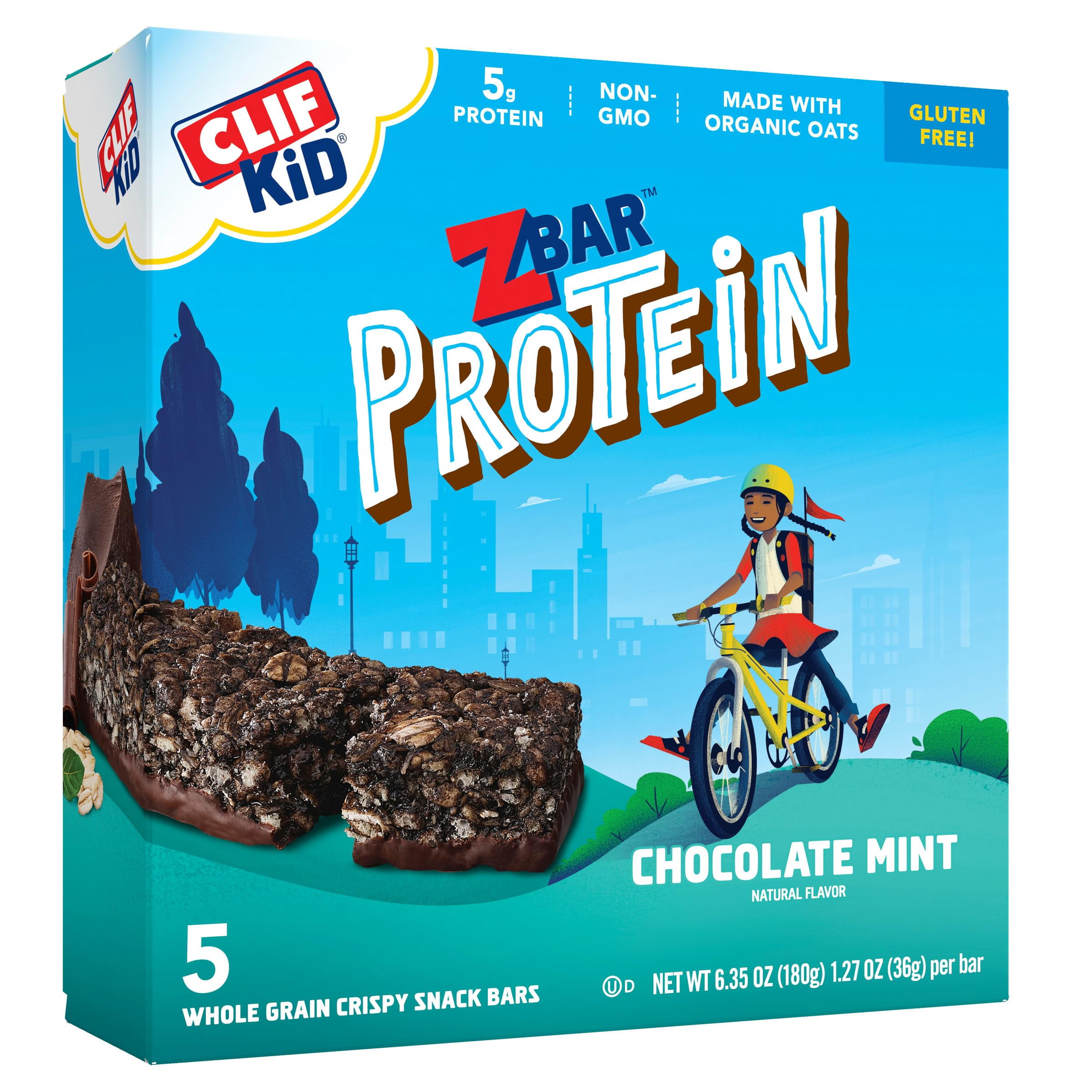 CLIF Kid Zbar Protein - Chocolate Mint - Crispy Whole Grain Snack Bars - Made with Organic Oats - Non-GMO - 5g Protein - 1.27 oz. (5 Pack) RDD9