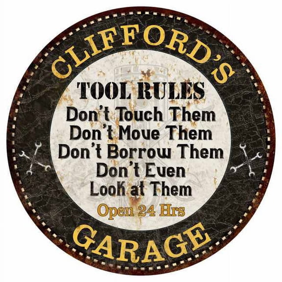 CLIFFORD'S Garage Rules 14" Round Metal Sign Garage Bar Wall Decor 100140013461