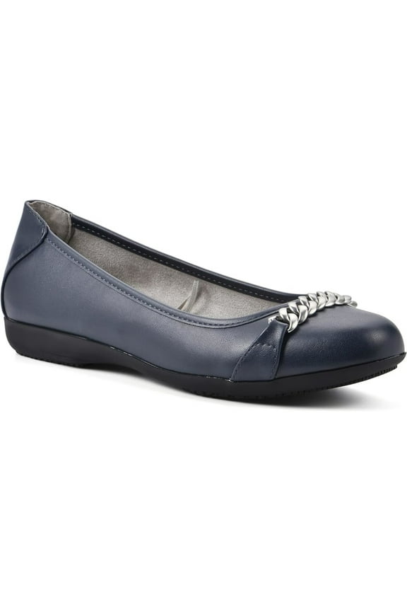 Womens Navy Chain Accent Arch Support Cushioned Charmed Round Toe Slip On Ballet Flats 10 M