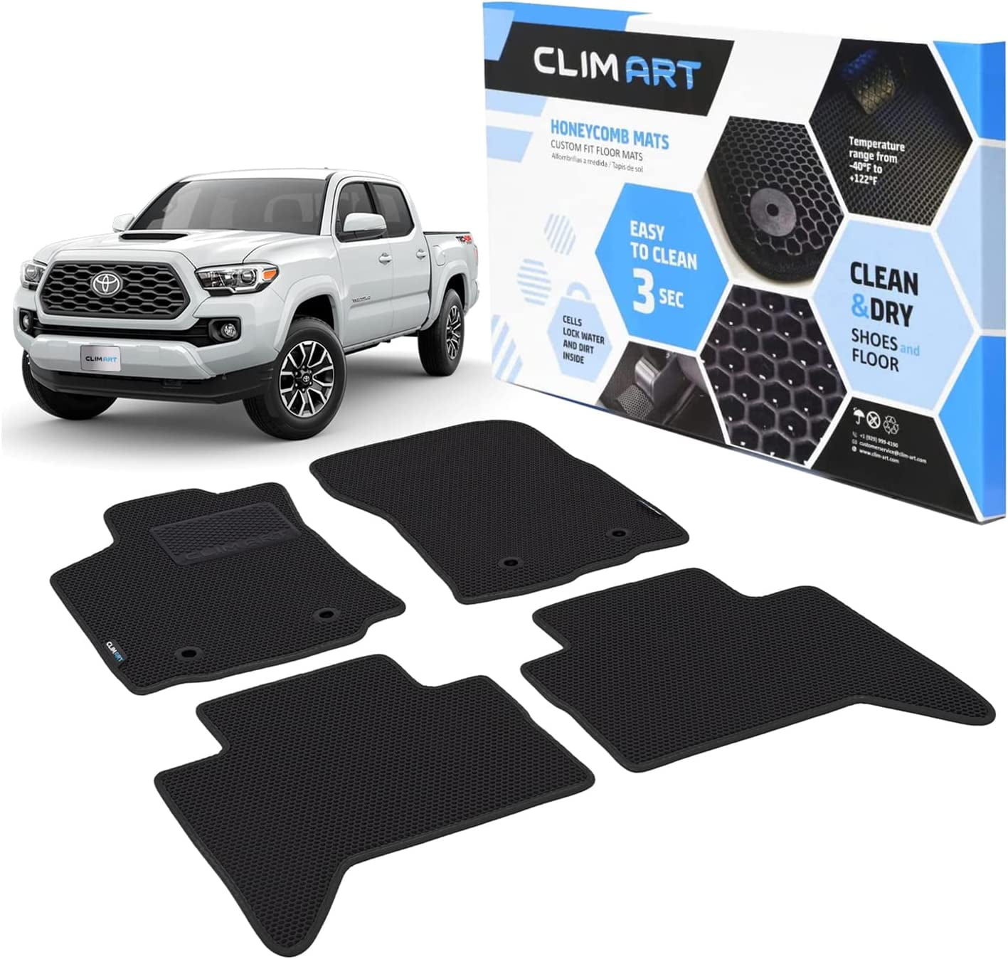 CLIM ART Honeycomb Custom Fit Floor Mats for Toyota Tacoma 2018-2023 Double  Cab, 12 Row, Car Mats Floor Liner, All-Weather, Car Accessories Man   Woman, Black/Black FL011418127