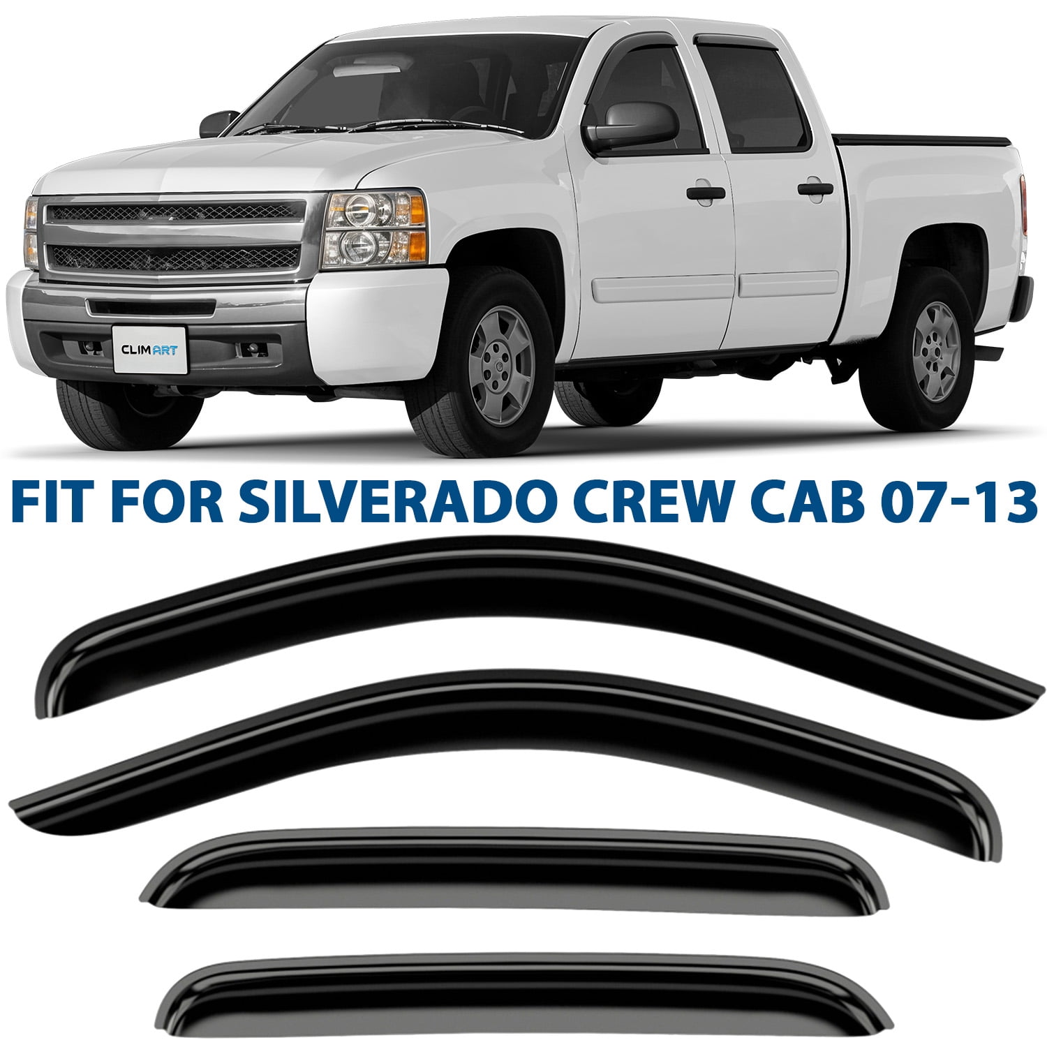 CLIM ART Incredibly Durable Rain Guards Chevrolet (Chevy) Silverado/GMC Sierra 1500 2007-2013 Crew Cab, Tape-on Window Deflectors, Vent Deflector, Vent Window Visors, Truck Accessories, 4pcs- 407003
