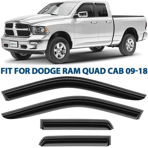 CLIM ART Incredibly Durable Rain Guards for Dodge RAM 1500 2009-2018 Quad Cab, Tape-on Window Deflectors, Vent Deflector, Vent Window Visors, Dark Smoke, Truck Accessories, 4 pcs- 409213