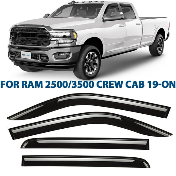 CLIM ART Incredibly Durable Rain Guards for Dodge RAM 2500 3500 2019-2026 Crew Cab, Original Tape-on Window Deflectors, Vent Deflector, Vent Window Visors,Dark Smoke,Truck Accessories, 4pcs-409006LPv
