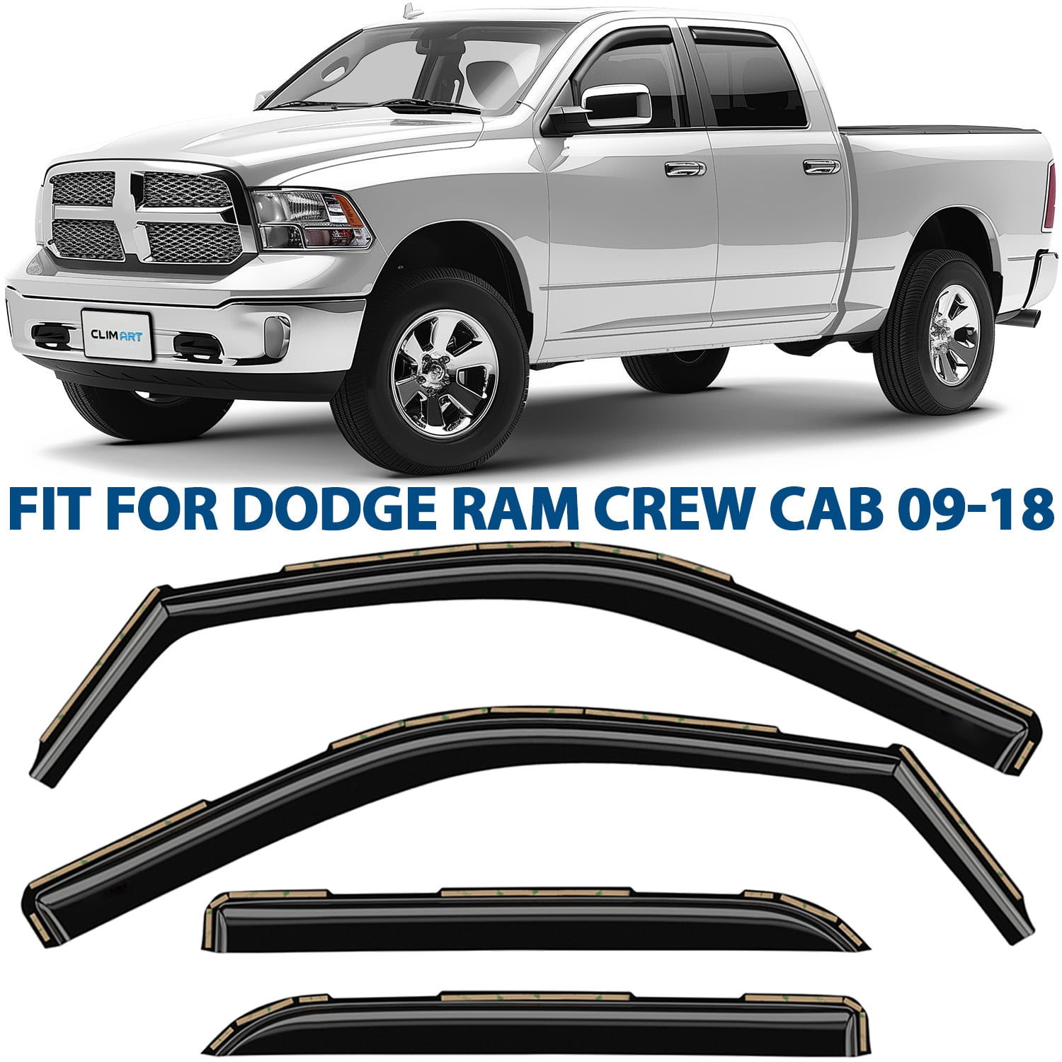 CLIM ART in-Channel Incredibly Durable Rain Guards for Dodge RAM 2009-2018 1500 Crew Cab,Mega Cab,Original Window Deflectors,Vent Window Visors, Vent Deflector Smoke Truck Accessories 4 pcs- 609006