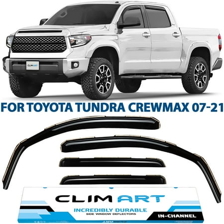 CLIM ART in-Channel Incredibly Durable Rain Guards for Toyota Tundra 2007-2021 CrewMax, Original Window Deflectors, Vent Deflector, Vent Window Visors, Dark Smoke Truck Accessories, 4 pcs- 607066