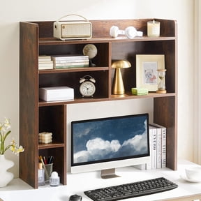 CLIPOP Desktop Bookshelf, Countertop Storage Hutch with 7 Shelves for Computer Desk, 35.4'' 3-Tier Display Rack, Multipurpose Wooden Desk Hutch Storage Organizer for Home Office Dorm, Brown