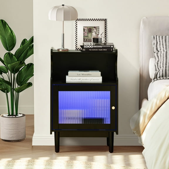 CLIPOP LED Nightstand, Black Bedside Table with Fluted Glass Door, Solid Wood Legs, Modern Night Stand for Bedroom, Small Space