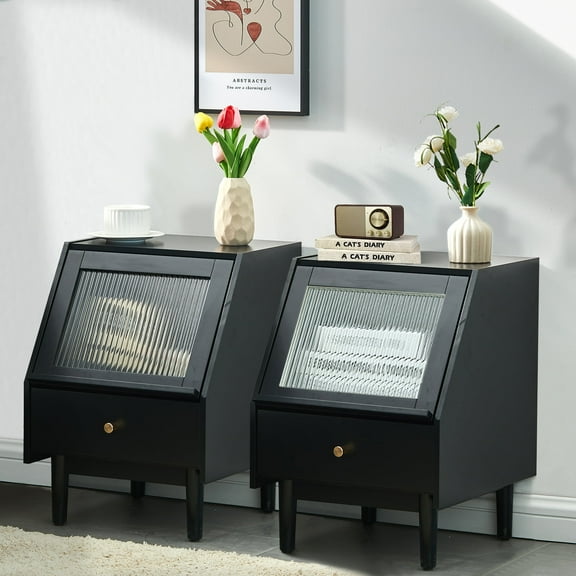 CLIPOP LED Nightstand Set of 2, Black Bedside Table with Drawer, Solid Wood Legs, Flip Hidden Fluted Glass Door Night Stand for Bedroom, Small Space