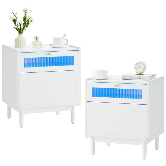 CLIPOP LED Nightstand Set of 2, White Bedside Table with Drawer, Solid Wood Legs, Fluted Glass Night Stand for Bedroom, Small Space