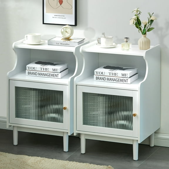 CLIPOP LED Nightstand Set of 2, White Bedside Table with Fluted Glass Door, Solid Wood Legs, Modern Night Stand for Bedroom, Small Space