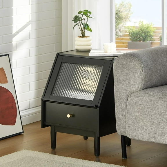 CLIPOP Led Nightstand, Bedside Table with Drawer, Solid Wood Legs, Fluted Glass Door Night Stand for Bedroom, Small Space, Black