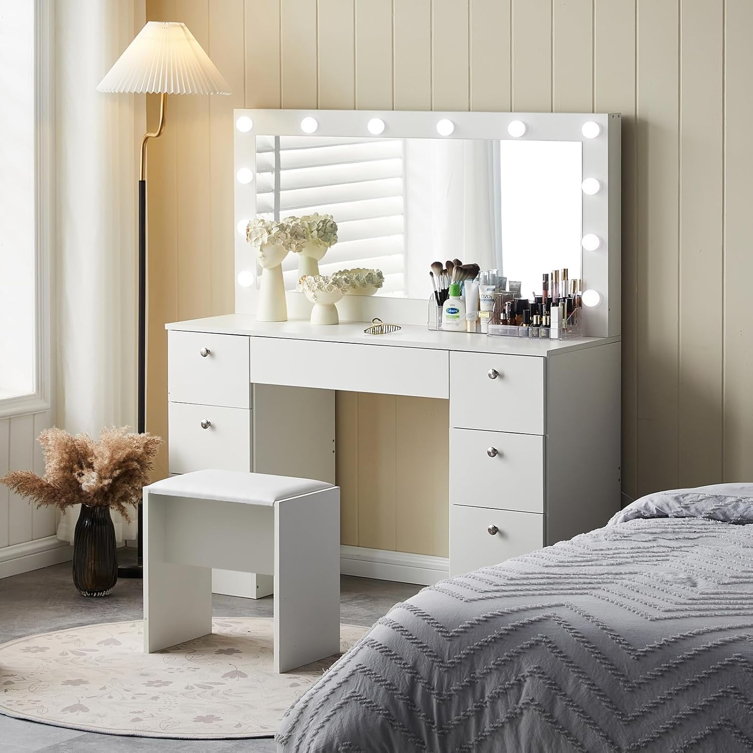 CLIPOP Makeup Table with Chair, Vanity Desk with Large Lighted Mirror