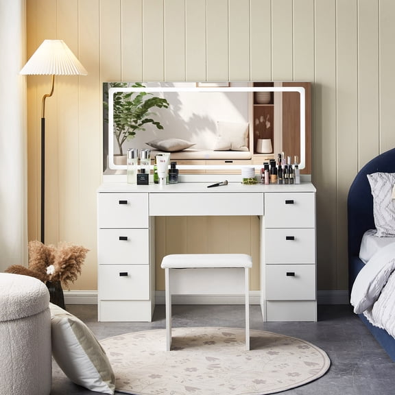 CLIPOP Makeup Vanity Desk with Large Lighted Mirror, Makeup Table with 7 Drawers, Power Outlet, Touch Control 3 Color Modes & Adjustable Brightness LED Strip, Cushioned Stool | Bedroom Dressing Table