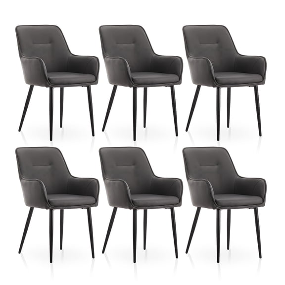 CLIPOP Modern Dining Chairs Set of 6, Faux Leather Dining Room Chair with Arms, Upholstered Seat, Metal Legs, Leisure Accent Armchair for Kitchen, Grey