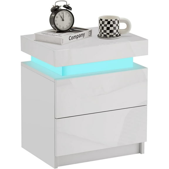 CLIPOP Modern Nightstand, LED Night Stand with 2 High Gloss Chest of Drawers, Bedside Table Cabinet with Remote Control Light, Wood Matte Nightstand 20.6" Tall Bedroom Furniture, White