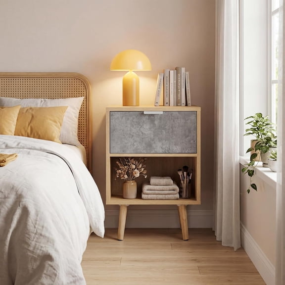 CLIPOP Modern Nightstand, Natural Wood Bedside Table with Grey Drawer and Open Storage, Minimalist End Table with Solid Wood Legs for Bedroom