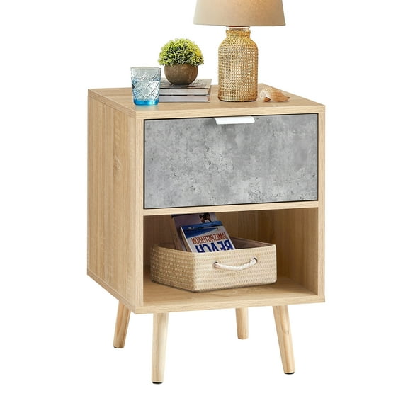 CLIPOP Modern Nightstand, Natural Wood Bedside Table with Grey Drawer and Open Storage, Minimalist End Table with Solid Wood Legs for Bedroom