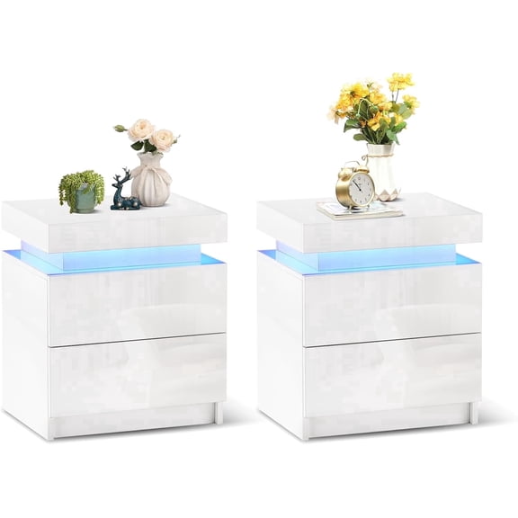 CLIPOP Modern Nightstand Set of 2 with LED Light, Smart Bedside Table with 2 Drawers and Flip Top Storage Cabinet, High Gloss Side Table End Table for Bedroom (White)