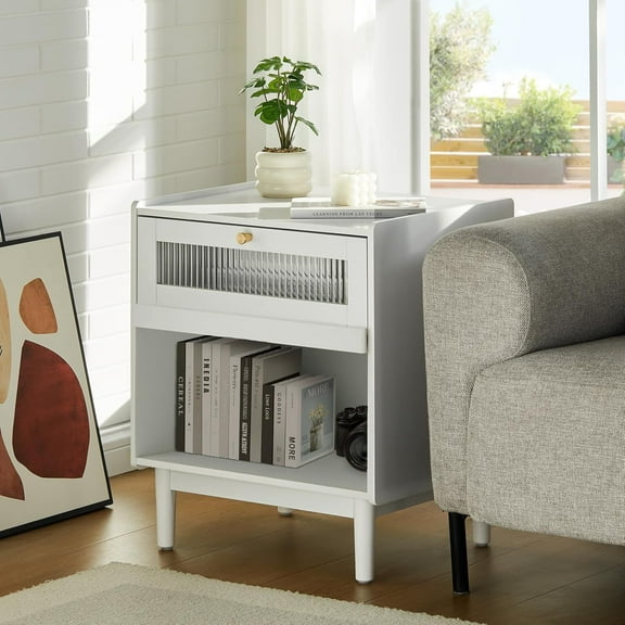 CLIPOP Nightstand with LED Light, Modern Night Stand with Fluted Glass Drawer, Storage Cabinet & Upturned & Slide Cabinet Door, Bedside Table for Bedroom, and Small Spaces, White