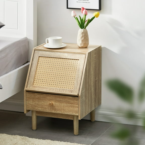 CLIPOP Rattan Nightstand, Boho Wooden Bedside Table with Flip Hidden Door & Drawer, Farmhouse End Table with Solid Wood Legs for Bedroom