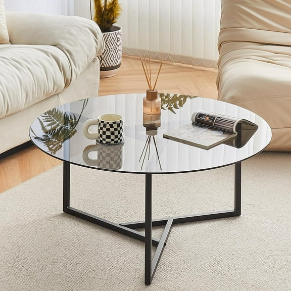 CLIPOP Small Round Coffee Table, Tempered Glass Coffee Table with Triangle Structure Metal Frame, Adjustable Feet Padded, Modern Coffee Table for Living Room, Small Space, Black