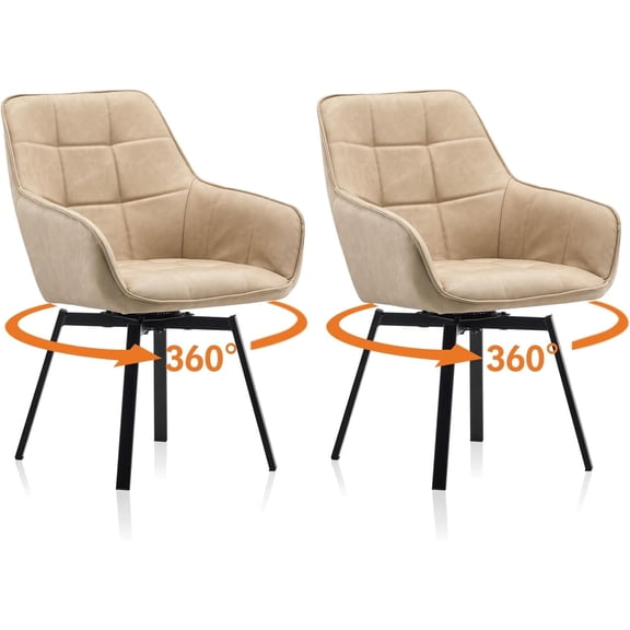 CLIPOP Swivel Dining Chairs Set of 2, Faux Leather Dining Chairs with Arms & Metal Legs, Upholstered Mid Century Rotatable Kitchen Chairs for Living Room Bedroom Kitchen Restaurant (Cream)
