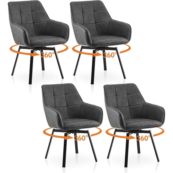 CLIPOP Swivel Dining Chairs Set of 4, Faux Leather Dining Chairs with Arms & Metal Legs, Upholstered Mid Century Rotatable Kitchen Chairs for Living Room Bedroom Kitchen Restaurant (Grey)