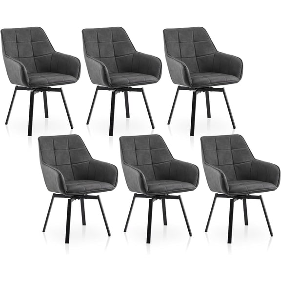 CLIPOP Swivel Dining Chairs Set of 6, Faux Leather Dining Chairs with Arms & Metal Legs, Upholstered Mid Century Rotatable Kitchen Chairs for Living Room Bedroom Kitchen Restaurant (Grey)