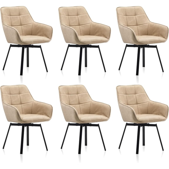 CLIPOP Swivel Dining Chairs Set of 6, Faux Leather Dining Chairs with Arms & Metal Legs, Upholstered Mid Century Rotatable Kitchen Chairs for Living Room Bedroom Kitchen Restaurant (Cream)