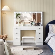 CLIPOP Vanity Desk with Chair, Makeup Table Desk with 7 Drawers, Large Lighted Mirror 3 Lighting Modes Brightness Adjustable Cushioned Stool | Bedroon Vanity Set for Women, Girls | White