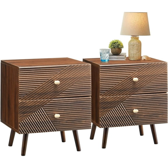 CLIPOP Walnut Nightstands Set of 2, 21.6” Bedside Table with 2 Drawers, Angled Slat Design, Solid Wood Legs, Mid Century Night Stand for Bedrooms, Home Office, Small Spaces